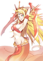 Rule 34 | 1girl, :p, armpits, arms up, blonde hair, breasts, dual wielding, echidna (p&amp;d), green eyes, groin, holding, hong (white spider), lamia, large breasts, long hair, looking at viewer, monster girl, navel, puzzle &amp; dragons, sideboob, simple background, smile, snake tail, solo, sword, tail, tiara, tongue, tongue out, weapon