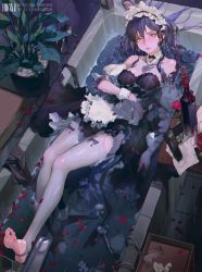 Rule 34 | 1girl, apron, bathtub, bell, black bow, black dress, bottle, bow, breasts, closed mouth, detached collar, detached sleeves, dm (dai miao), dress, earrings, feet, flower, frilled hairband, frills, from above, full body, gun, hair between eyes, hairband, handgun, highres, hoop earrings, indoors, jewelry, jingle bell, long hair, looking at viewer, maid, medium breasts, mole, mole under eye, neck bell, no shoes, original, pantyhose, partially submerged, petals, petals on liquid, pistol, plant, potted plant, puffy short sleeves, puffy sleeves, red flower, short sleeves, solo, stirrup legwear, toeless legwear, toes, water, weapon, white apron, white pantyhose, wrist cuffs