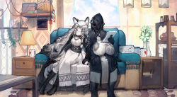 Rule 34 | 1boy, 1girl, absurdres, animal ear fluff, animal ears, arknights, basket, belt, belt pouch, black cape, black coat, black footwear, black gloves, book, boots, breasts, cape, carpet, circlet, clock, closed eyes, closed mouth, coat, coffee mug, controller, couch, cup, curtains, doctor (arknights), dress, food, fruit, fur-trimmed boots, fur trim, gloves, highres, holding, holding hands, holding paper, indoors, jewelry, knee boots, lamp, leopard ears, leopard girl, leopard tail, long hair, long sleeves, mask, medium breasts, mug, nai (daiduolaoge), necklace, on couch, open clothes, open coat, paper, paper stack, pelvic curtain, pillow, plant, potted plant, pouch, pramanix (arknights), remote control, shelf, silver hair, sitting, sleeping, sleeping upright, table, tail, thighhighs, turtleneck, turtleneck dress, vase, very long hair, white dress, white thighhighs, window, yarn, yarn ball