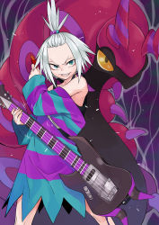 Rule 34 | 1girl, absurdres, bass guitar, boots, creatures (company), dress, forehead, freckles, game freak, gen 5 pokemon, green eyes, gujira, hair bobbles, hair ornament, highres, instrument, looking at viewer, nintendo, oversized clothes, pokemon, pokemon (creature), pokemon bw2, roxie (pokemon), scolipede, smile, standing, steam, strapless, strapless dress, striped clothes, striped dress, topknot, white hair