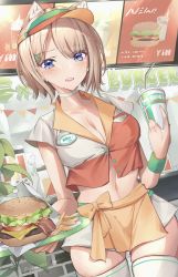 Rule 34 | 1girl, absurdres, animal ears, blue eyes, breasts, burger, cat ears, cleavage, cup, disposable cup, employee uniform, fast food uniform, food, french fries, highres, holding, holding plate, medium breasts, midriff, original, paru (parucom), plate, short hair, standing, string of flags, thighhighs, twitter username, uniform, visor cap, waitress, white thighhighs