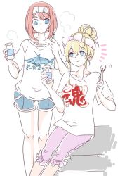 Rule 34 | 10s, 2girls, animal print, ark royal (kancolle), blonde hair, blue hair, bob cut, bottle, closed mouth, clothes writing, collarbone, commentary request, cowboy shot, eye contact, fish, fish print, hair between eyes, hair up, hiro (srso4 ), holding, holding bottle, kantai collection, long hair, looking at another, milk bottle, multiple girls, red hair, shirt, short hair, short sleeves, shorts, sidelocks, simple background, sitting, smile, standing, steam, swordfish, t-shirt, towel, towel on head, translated, warspite (kancolle), wavy mouth, white background