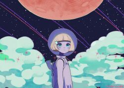 Rule 34 | 1girl, :|, artist name, blue eyes, blush, bob cut, charcolle, closed mouth, cloud, expressionless, hair ornament, helmet, original, pale skin, planet, shooting star, sky, solo, space, space helmet, spacesuit, sparkle, star (sky), star (symbol), star hair ornament, starry sky