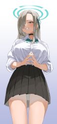 Rule 34 | 1girl, absurdres, asuna (blue archive), black choker, black skirt, blouse, blue archive, blue eyes, blush, bow, bowtie, breasts, choker, commentary, gradient background, grey hair, grin, hair ribbon, halo, highres, large breasts, long hair, looking at viewer, nejiresyake, pleated skirt, ribbon, school uniform, shirt, simple background, skirt, smile, solo, steepled fingers, white shirt