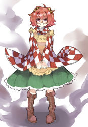 Rule 34 | 1girl, ahoge, apron, aura, bell, book, boots, character name, checkered clothes, checkered kimono, clothes writing, cross-laced footwear, glasses, hair bell, hair ornament, japanese clothes, jingle bell, kanabun, kimono, lace-up boots, motoori kosuzu, orange hair, pigeon-toed, purple eyes, smile, touhou, wide sleeves