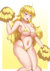 Rule 34 | 1girl, bikini, blonde hair, breasts, cheerleader, cleavage, highres, large breasts, legs, long hair, looking at viewer, navel, open mouth, pom pom (cheerleading), purple eyes, rwby, smile, solo, swimsuit, thick thighs, thighs, thong bikini, underboob, yang xiao long, yellow bikini