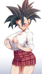 Rule 34 | 1girl, :o, black eyes, black hair, blush, breasts, cleavage, cowboy shot, dragon ball, dragon ball super, earrings, jewelry, kefla (dragon ball), large breasts, looking at viewer, partially unbuttoned, pleated skirt, potara earrings, red skirt, rom (20), shirt, simple background, skirt, solo, spiked hair, standing, uneven eyes, white shirt