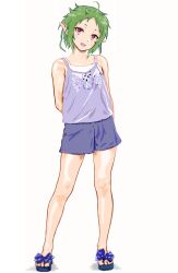 Rule 34 | 1girl, :d, absurdres, ahoge, alternate costume, arms behind back, blue shorts, camisole, elf, full body, green hair, grey camisole, highres, looking at viewer, mizumori keiichi, mushoku tensei, open mouth, pointy ears, red eyes, sandals, short hair, shorts, simple background, smile, solo, standing, sylphiette (mushoku tensei), white background