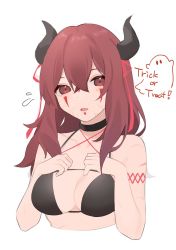 Rule 34 | 1girl, animification, apex legends, bikini, black bikini, black choker, bloodhound (apex legends), choker, collarbone, fang, genderswap, genderswap (otf), hands on own chest, head tilt, highres, horns, nagoooon 114, open mouth, red eyes, red hair, simple background, skin fang, solo, swimsuit, trick or treat, upper body, white background