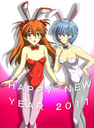 Rule 34 | 2011, 2girls, absurdres, animal ears, ayanami rei, bare shoulders, black leotard, blue eyes, blue hair, blush, breasts, cleavage, dated, detached collar, fake animal ears, fake tail, gentoku, gradient background, hair between eyes, hand on own hip, happy new year, highres, interface headset, leotard, long hair, looking at viewer, medium breasts, multiple girls, neon genesis evangelion, new year, playboy bunny, rabbit ears, rabbit tail, red eyes, red leotard, shiny clothes, shiny skin, short hair, simple background, smile, souryuu asuka langley, tail, very long hair, white leotard