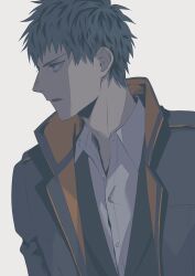 Rule 34 | 1boy, bags under eyes, black jacket, buttons, coat, collared jacket, collared shirt, fate/grand order, fate (series), grey eyes, grey hair, high collar, highres, jacket, looking to the side, male focus, open mouth, partially unbuttoned, saitou hajime (fate), shaded face, shirt, short hair, solo, unbuttoned, upper body, urup zzz, white background, white shirt