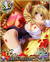 Rule 34 | 1girl, ahoge, all fours, bishop (chess), blonde hair, blue eyes, blush, card (medium), chess piece, dress, drill hair, flower, hair between eyes, high school dxd, high school dxd pi, looking at viewer, official art, open mouth, pillow, ravel phenex, red flower, red rose, rose, solo, thighhighs, tiara, tongue, torn clothes, twin drills