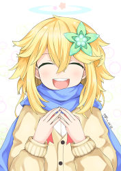 Rule 34 | 1girl, :d, ^ ^, bad id, bad pixiv id, blonde hair, blue scarf, blush, cardigan, closed eyes, dated, closed eyes, gabriel dropout, hair between eyes, hair ornament, halo, happy, highres, long hair, long sleeves, open mouth, own hands together, purerin, scarf, smile, solo, tapris chisaki sugarbell, upper body, white background