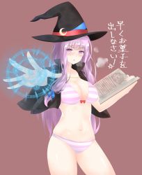 Rule 34 | 1girl, :o, absurdres, bad id, bad pixiv id, bikini, blush, book, breasts, capelet, cleavage, crescent moon symbol, hat, hat ornament, highres, large breasts, long hair, looking at viewer, magic, magic circle, navel, outstretched hand, patchouli knowledge, purple eyes, purple hair, solo, striped bikini, striped clothes, surota, swimsuit, touhou, witch hat