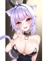 Rule 34 | ahoge, animal collar, animal ear fluff, animal ears, bare shoulders, black leotard, blush, breasts, cat ears, cat girl, cat tail, cleavage, collar, collarbone, colored inner hair, diagonal bangs, fake animal ears, fang, head tilt, highres, hololive, kogekoge1207, large breasts, leaning to the side, leotard, looking at viewer, medium hair, multicolored hair, nekomata okayu, open mouth, outside border, playboy bunny, rabbit ears, shiny clothes, simple background, skin fang, smile, tail, upper body, virtual youtuber, w
