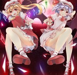 Rule 34 | 2girls, :o, blonde hair, blouse, blue hair, breasts, fangs, flandre scarlet, hat, highres, medium breasts, mob cap, moon, multiple girls, navy (navy.blue), open mouth, red eyes, red moon, red ribbon, remilia scarlet, ribbon, shirt, short hair, siblings, sisters, sky, socks, star (sky), starry sky, thighs, touhou, white shirt, wings, wrist cuffs