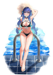 Rule 34 | 1girl, bikini, blue eyes, blue fire, blue hair, bottle, breasts, choker, drill hair, drill sidelocks, dullahan, fiery hair, fire, glowing horns, hat, highres, horns, large breasts, navel, prism project, rikudou yura, sandals, sidelocks, solo, straw hat, swimsuit, symbol-shaped pupils, thigh gap, turboflower, virtual youtuber, water bottle, x-shaped pupils, x x
