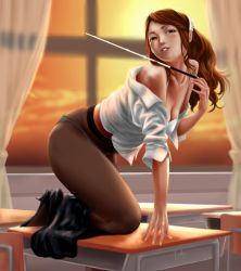 Rule 34 | 1girl, bare shoulders, breasts, brown hair, cleavage, kouno aron, long hair, naughty face, pantyhose, pointer, solo, teacher, window