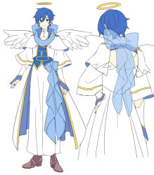 Rule 34 | 1boy, akiyoshi (tama-pete), alternate costume, angel, angel wings, backless outfit, blue eyes, blue hair, blue nails, blue ribbon, blue vest, brown footwear, capelet, clenched hand, coat, commentary, dangle earrings, early days (vocaloid), earrings, facing away, feathered wings, full body, halo, hand on own hip, jewelry, kaito (vocaloid), layered sleeves, light smile, male focus, multiple views, nail polish, neck ribbon, open clothes, open coat, ribbon, simple background, standing, vest, vocaloid, white background, white coat, white wings, wings, yellow halo