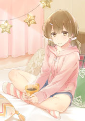 Rule 34 | 1girl, bad id, bad pixiv id, blush, brown hair, crossed legs, cup, curtains, drink, full body, hair ornament, hairclip, highres, hood, hoodie, indoors, kapi (kapi 219), looking at viewer, loose socks, mug, on bed, original, pillow, pink hoodie, short shorts, shorts, sitting, socks, solo, striped clothes, striped socks, twintails