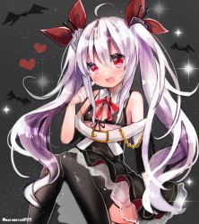 Rule 34 | 1girl, :d, azur lane, bare shoulders, bat (animal), belt, belt buckle, bikini, bikini top only, black bikini, black dress, black thighhighs, blush, buckle, collar, commentary request, detached collar, detached sleeves, dress, fang, front-tie bikini top, front-tie top, garter straps, grey background, hair between eyes, hair ribbon, heart, highres, kohaku muro, long hair, long sleeves, looking at viewer, open mouth, red eyes, red ribbon, ribbon, silver hair, sitting, smile, solo, swimsuit, thighhighs, twintails, twitter username, vampire (azur lane), very long hair, white belt, white collar, wing collar