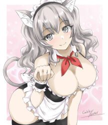 Rule 34 | 1girl, alternate costume, animal ears, apron, artist name, black dress, black thighhighs, blush, breasts, cat ears, cat tail, commentary request, dated, detached collar, dress, enmaided, gakky, grey eyes, grey hair, highres, kantai collection, kashima (kancolle), large breasts, long hair, looking at viewer, maid, maid headdress, smile, solo, tail, thighhighs, twintails, waist apron, waitress, wavy hair