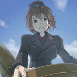 Rule 34 | 10s, 1girl, bad id, bad pixiv id, black jacket, brown eyes, brown hair, chimaki (u9works), clenched teeth, day, from below, garrison cap, girls und panzer, hat, jacket, matching hair/eyes, military, military uniform, nishizumi maho, one-hour drawing challenge, red shirt, shirt, short hair, sky, solo, teeth, uniform, upper body