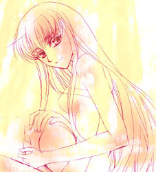 Rule 34 | 00s, 1girl, bare shoulders, blush, c.c., code geass, hug, light smile, long hair, looking at viewer, parted lips, simple background, solo, teeth, upper body, very long hair, yellow background, yellow theme