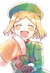 Rule 34 | 1girl, :d, ^ ^, axe, beret, black shirt, blonde hair, blush, buttons, closed eyes, coat, collared shirt, eyebrows, eyelashes, facing viewer, fate/grand order, fate (series), green coat, green hat, hat, holding, holding axe, long sleeves, medu (rubish), open mouth, parted bangs, paul bunyan (fate), raised eyebrows, shirt, short hair, simple background, smile, solo, two-handed, upper body, weapon, white background, wrist cuffs