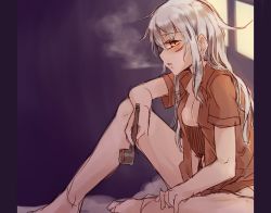 Rule 34 | 10s, 1girl, blouse, blush, bottomless, breasts, cleavage, facial scar, gangut (kancolle), grey hair, holding, holding smoking pipe, hourai kochou, kantai collection, large breasts, long hair, looking at viewer, naked shirt, no bra, open mouth, orange eyes, panties, red shirt, remodel (kantai collection), scar, scar on cheek, scar on face, shirt, sitting, smoke, smoking, smoking pipe, solo, underwear