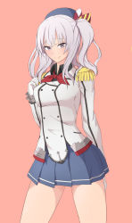 Rule 34 | 10s, 1girl, arm behind back, blush, breasts, epaulettes, gloves, grey eyes, grey hair, intirami, kantai collection, kashima (kancolle), lace-trimmed sleeves, lace trim, medium breasts, pink background, smile, solo, thighs, twintails, white gloves