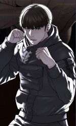 Rule 34 | 1boy, black hair, brown eyes, fighting stance, highres, long hair, looking at viewer, open mouth, solo, viral hit, yoo hobin