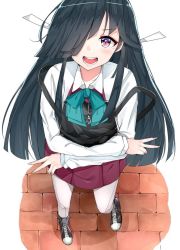 Rule 34 | 10s, 1girl, :d, ankle boots, backpack, bad id, bad pixiv id, bag, black hair, blue bow, blue bowtie, blush, boots, bow, bowtie, brick floor, brown footwear, collarbone, collared shirt, crossed arms, double v, dress, eyebrows, eyelashes, faux figurine, fingernails, foreshortening, from above, grey pantyhose, hair over one eye, hand gesture, hayashimo (kancolle), kantai collection, long fingernails, long hair, long sleeves, looking at viewer, looking up, open mouth, pantyhose, pleated skirt, purple eyes, red skirt, red vest, round teeth, school uniform, shirt, simple background, skirt, sleeveless, sleeveless dress, smile, solo, standing, suzuharu toufu, teeth, v, very long hair, vest, white background, white shirt, wing collar, you&#039;re doing it wrong, zipper