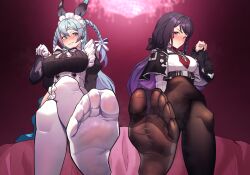 Rule 34 | 2girls, absurdres, black hair, black survival, blue eyes, blue hair, blush, braid, crossed legs, emma (black survival), eternal return: black survival, feet, highres, holding, holding shoes, hyejin (black survival), light blue hair, long hair, maid, maid headdress, multiple girls, pantyhose, parted lips, purple eyes, see-through, see-through legwear, shoes, unworn shoes, sitting, smile, soles, steam, thighhighs, toes, twin braids, white thighhighs