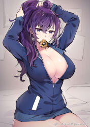 Rule 34 | 1girl, alternate breast size, breasts, cleavage, ge-b, hair ornament, hair scrunchie, hair tie in mouth, highres, jacket, large breasts, long hair, looking at viewer, mouth hold, no shirt, open clothes, open jacket, original, purple eyes, scrunchie, sitting, solo, tying hair, upper body