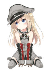 Rule 34 | 10s, 1girl, age difference, age regression, anchor, anchor choker, armor, azuuru (azure0608), bare shoulders, bismarck (kancolle), blonde hair, blue eyes, blush, breastplate, detached sleeves, gloves, hat, highres, kantai collection, long hair, looking to the side, military hat, peaked cap, sitting, solo, thighhighs, wariza, white background, aged down