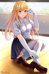 Rule 34 | 1girl, absurdres, black skirt, blonde hair, blurry, blurry background, breasts, brown footwear, closed mouth, collared shirt, commentary request, elbow gloves, full body, gloves, hand up, highres, large breasts, loafers, long hair, looking at viewer, no vest, on floor, pleated skirt, school uniform, shirt, shoes, shokuhou misaki, sitting, skirt, smile, solo, sparkling eyes, takatsuki p, thighhighs, toaru kagaku no mental out, toaru kagaku no railgun, toaru majutsu no index, tokiwadai school uniform, twitter username, v, white shirt, white thighhighs, wooden floor, yellow eyes