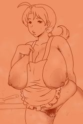 Rule 34 | 1girl, antenna hair, apron, armpit hair, breasts, breasts out, cleft of venus, closed mouth, clothes pull, collarbone, creatures (company), delia ketchum, eyebrows, eyelashes, female focus, female pubic hair, frilled apron, frills, frying pan, game freak, highres, huge breasts, indoors, large areolae, legs together, lips, long hair, looking at viewer, mature female, monochrome, naked apron, nintendo, nipples, orange theme, parted bangs, plump, pokemilf, pokemon, pokemon (anime), pokemon (classic anime), ponytail, pubic hair, pursed lips, pussy, pussy juice, solo, standing, steam, sweat, uncensored