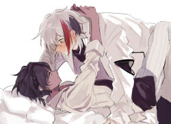 Rule 34 | 2boys, arknights, arm support, arms around neck, black hair, blush, braid, closed mouth, coat, commentary request, dark-skinned male, dark skin, ear piercing, earrings, elysium (arknights), embarrassed, eye contact, from side, highres, jewelry, looking at another, lying, male focus, marumarukin, multicolored hair, multiple boys, on back, on bed, orange eyes, piercing, profile, red hair, shirt, short hair, simple background, sleeves rolled up, smile, streaked hair, stud earrings, thorns (arknights), white background, white coat, white hair, white shirt, yaoi