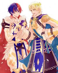 Rule 34 | 2boys, alear (fire emblem), alear (male) (fire emblem), alfred (fire emblem), ascot, blonde hair, blue eyes, blue hair, cape, circlet, closed mouth, feather trim, fire emblem, fire emblem engage, frills, gloves, green eyes, hair between eyes, hair ornament, heterochromia, highres, kino40346033, long sleeves, male focus, multicolored hair, multiple boys, nintendo, open mouth, red eyes, red hair, short hair, smile, two-tone hair, white background, yellow ascot
