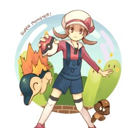 Rule 34 | 1girl, blue overalls, bow, brown eyes, brown hair, cabbie hat, closed mouth, coin, commentary request, creatures (company), crossover, cyndaquil, frown, game freak, gen 2 pokemon, goomba, hat, hat bow, holding, holding poke ball, legs apart, long hair, lowres, lyra (pokemon), mario (series), nintendo, overalls, poke ball, poke ball (basic), pokemon, pokemon (creature), pokemon hgss, red bow, shoes, ssalbulre, thighhighs, twintails, white headwear