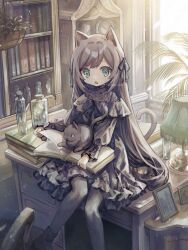 Rule 34 | 1girl, :o, animal ears, aqua eyes, black bow, black cat, black dress, black footwear, black pantyhose, book, book on lap, bookshelf, bottle, bow, brown hair, cat, cat ears, cat girl, cat tail, day, desk, drawer, dress, foot out of frame, frilled dress, frills, hair bow, highres, holding, holding book, indoors, knees together feet apart, lamp, long hair, long sleeves, looking away, looking down, lossy-lossless, md5 mismatch, neoki ohae, on desk, on table, open mouth, original, pantyhose, picture frame, plant, potted plant, replaceme, room, see-through, shoes, sitting, straight hair, sunlight, swept bangs, table, tail, twitter username, very long hair, window