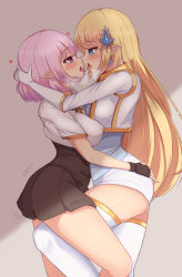 Rule 34 | 2girls, after kiss, artist name, blonde hair, blue eyes, blunt bangs, blush, breasts, earrings, elf, gloves, hair between eyes, hair ornament, hand on ass, heart, highres, hshow, jewelry, kiss, knees, looking at another, lucid (maplestory), maplestory, mercedes (maplestory), multiple girls, open mouth, pink eyes, pointy ears, saliva, saliva trail, short hair, sidelocks, sseong, thighhighs, thighs, tongue, tongue out, transparent, white uniform, yuri