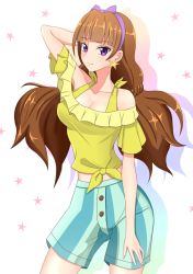 Rule 34 | 1girl, amanogawa kirara, arm behind head, bare shoulders, breasts, brown hair, cleavage, contrapposto, earrings, go! princess precure, hairband, jewelry, long hair, looking at viewer, northman, off-shoulder shirt, off shoulder, precure, purple eyes, shirt, shorts, smile, solo, standing, star (symbol), star earrings, striped clothes, striped shorts, tied shirt, twintails