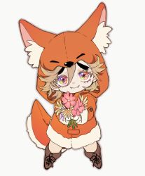 Rule 34 | 1boy, animal costume, animal ear fluff, animal hood, blonde hair, boots, brown footwear, chibi, closed mouth, coat, cross-laced footwear, douma (kimetsu no yaiba), fangs, fangs out, flower, fox costume, fox hood, full body, fur-trimmed coat, fur trim, giving, hair between eyes, happy, holding, holding flower, hood, hooded coat, kimetsu no yaiba, lace-up boots, legs apart, light brown hair, long sleeves, looking at viewer, male focus, multicolored eyes, orange coat, outstretched arm, pink flower, qin (7833198), rainbow eyes, simple background, smile, solo, white background, yellow flower