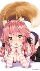 Rule 34 | 10s, 1girl, animal ears, bad id, bad pixiv id, black thighhighs, blurry, blush, breasts, brown eyes, casual, cleavage, depth of field, fang, fate/extra, fate (series), fox ears, fox tail, head rest, highres, jewelry, kuro chairo no neko, looking at viewer, low twintails, lying, necklace, official alternate costume, on stomach, open mouth, pink hair, scrunchie, sleeves past wrists, solo, tail, tamamo (fate), tamamo no mae (fate/extra), tamamo no mae (spring casual) (fate), thighhighs, twintails, twitter username