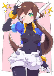 Rule 34 | 1girl, absurdres, aile (mega man zx), black bodysuit, blue jacket, blush, bodysuit, breasts, brown hair, buzzlyears, cropped jacket, green eyes, highres, jacket, long hair, medium breasts, mega man (series), mega man zx, mega man zx advent, navel, one eye closed, open clothes, open jacket, pink background, ponytail, shorts, simple background, solo, white shorts