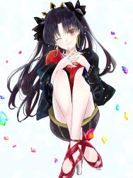 Rule 34 | 1girl, asa (1asa-0-asa1), bad id, bad pixiv id, black hair, black jacket, black skirt, blush, breasts, closed mouth, earrings, fate/grand order, fate (series), gem, hair ribbon, high heels, highres, hoop earrings, ishtar (fate), ishtar (under the same sky) (fate), jacket, jewelry, knees up, long hair, long sleeves, looking at viewer, medium breasts, one eye closed, open clothes, open jacket, parted bangs, red eyes, red footwear, red shirt, ribbon, shirt, skirt, smile, solo, tiara, two side up, under the same sky