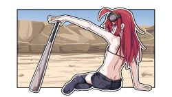 Rule 34 | 1girl, ahoge, arm support, baseball bat, black outline, black shorts, black thighhighs, blue eyes, burn scar, desert, from behind, goggles, goggles on head, highres, holding, holding baseball bat, kazuuchi ataru, long hair, looking at viewer, looking back, out of frame, outline, outside border, outstretched arm, red hair, scar, shinsougumi, shorts, sitting, solo, tamaya, thighhighs, virtual youtuber, white outline, yokozuwari