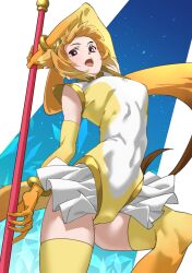 Rule 34 | 1girl, absurdres, arm up, brown eyes, brown hair, circlet, commentary, elbow gloves, gloves, golden snub-nosed monkey (kemono friends), gradient hair, highres, holding, holding staff, kemono friends, leotard, long hair, looking at viewer, multicolored hair, open mouth, orange hair, ponytail, solo, staff, tanabe (fueisei), thighhighs, very long hair, yellow gloves, yellow thighhighs